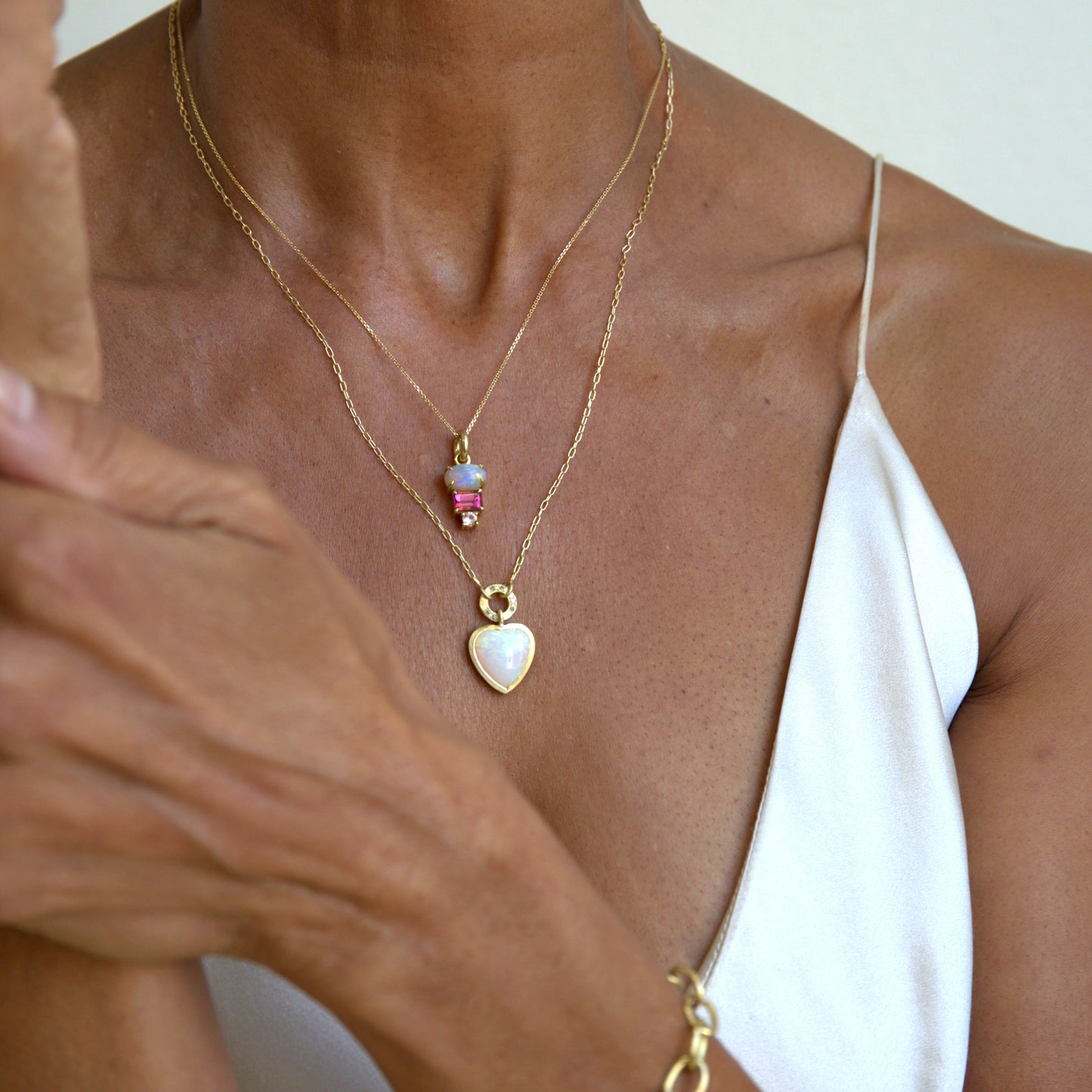 Crystal Opal Big Heart Necklace with studded Salt & Pepper Diamonds