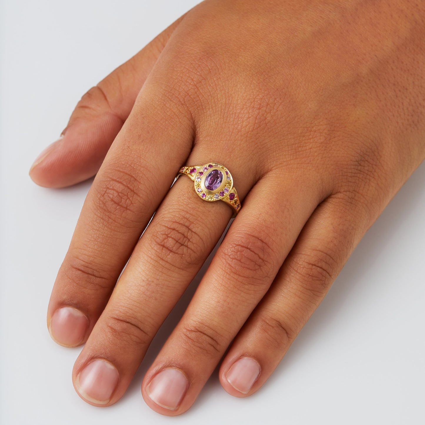 Shades of Pink Sapphire Roman Ring, In 18ct Yellow Gold, Size P (In Stock)