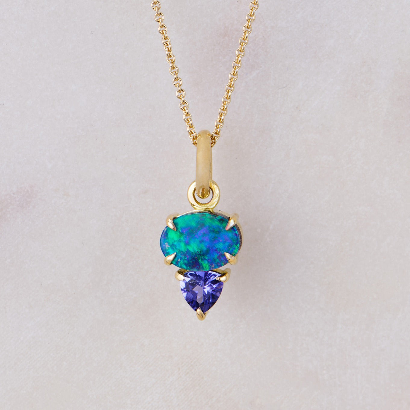 Boulder Opal and Tanzanite Creatures Pendant in 18ct Yellow Gold (In Stock)