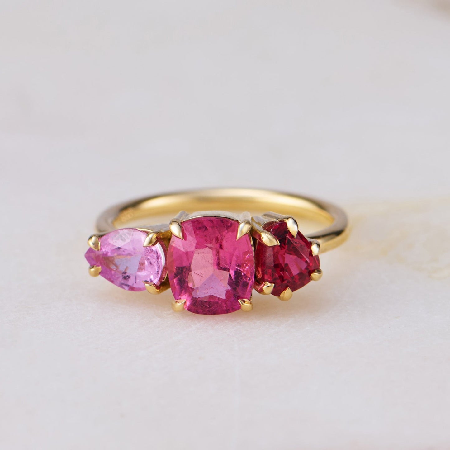 One-off Pink Sapphire Splice Ring in 18ct Yellow Gold, Size L (In Stock)