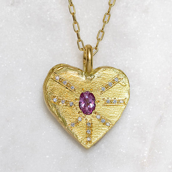 One-off Pink Sapphire Sacred Big Heart Necklace In 18ct Yellow Gold (In Stock)