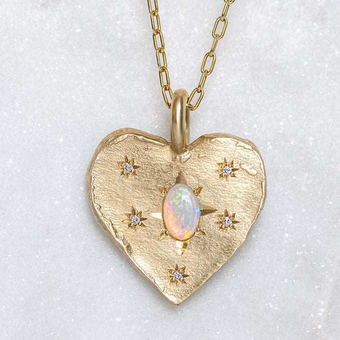 Opal And Diamond Big Heart Necklace In 9ct Yellow Gold (In Stock)