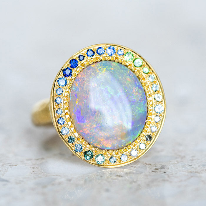 One-off Black Opal Eclipse Ring in 18ct Yellow Gold, Size N (In Stock)