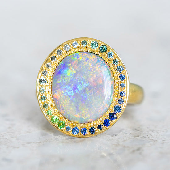 One-off Black Opal Eclipse Ring in 18ct Yellow Gold, Size N (In Stock)