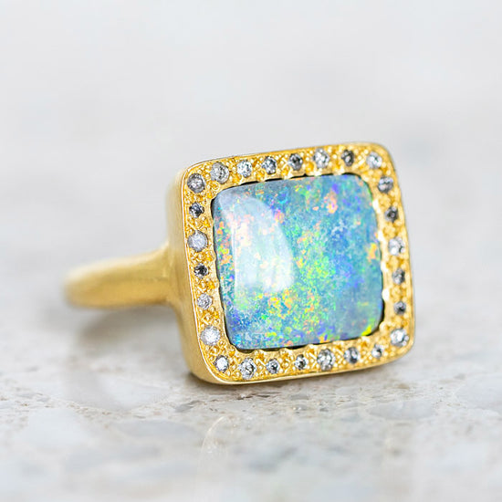 One-off Black Opal Frame Ring In 18ct Yellow Gold, Size L and a half (In Stock)