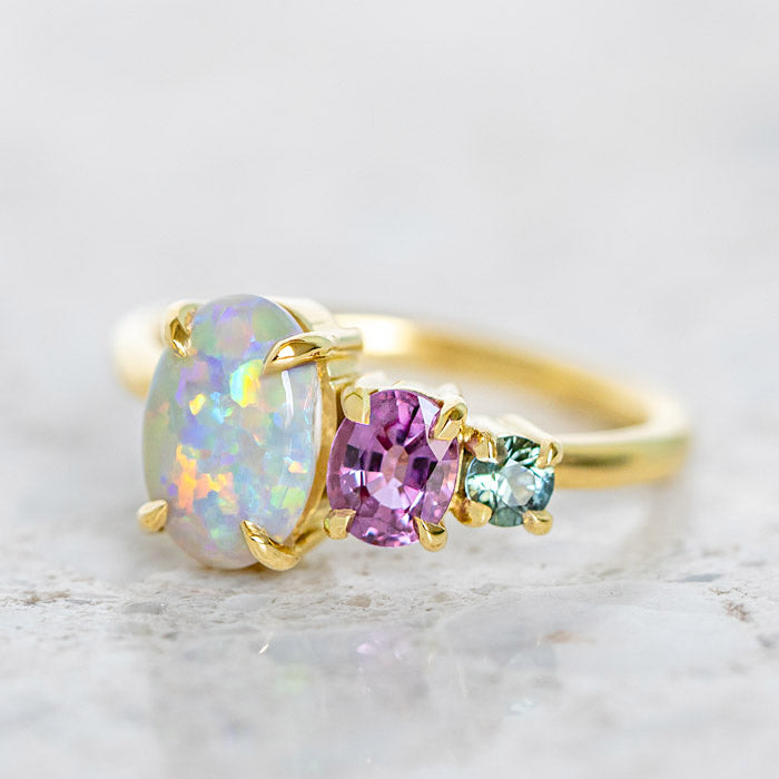 One-off Semi Black Opal Splice Ring in 18ct Yellow Gold, Size L (In Stock)