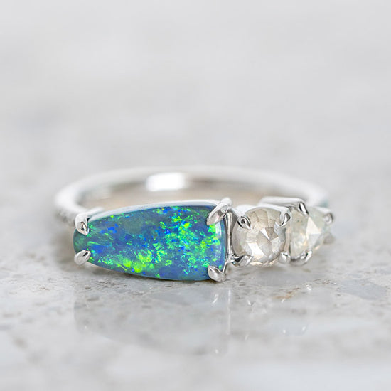 One-off Black Opal and Icy Diamond Splice Ring in 18ct White Gold, Size M and a half (In Stock)