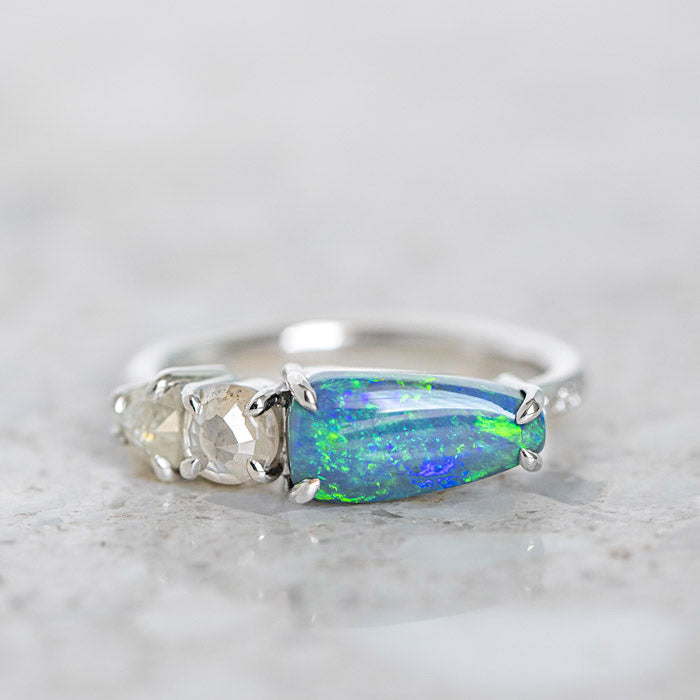 One-off Black Opal and Icy Diamond Splice Ring in 18ct White Gold, Size M and a half (In Stock)