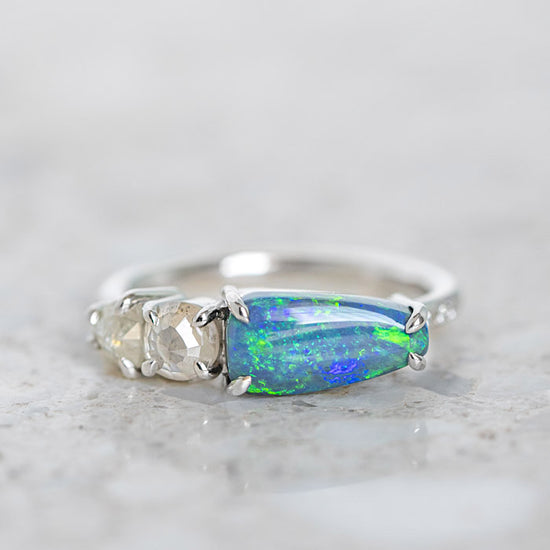 One-off Black Opal and Icy Diamond Splice Ring in 18ct White Gold, Size M and a half (In Stock)