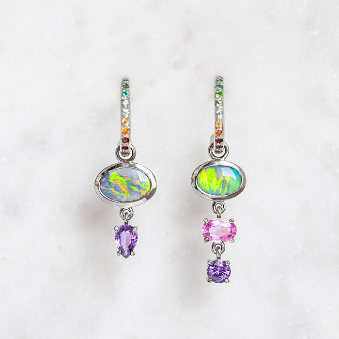 One-off Black Opal And Sapphire Charm Earrings In 18ct White Gold (In Stock)