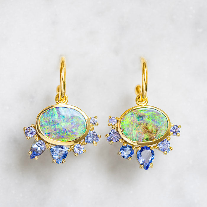 One-off Boulder Opal And Tanzanite Cluster Earrings In 18ct Yellow Gold (In Stock)