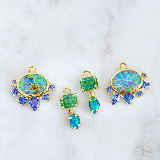 One-off Boulder Opal And Tanzanite Cluster Earrings In 18ct Yellow Gold (In Stock)