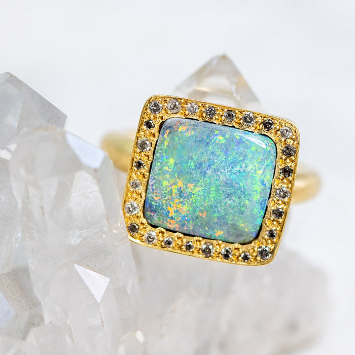 One-off Black Opal Frame Ring In 18ct Yellow Gold, Size L and a half (In Stock)