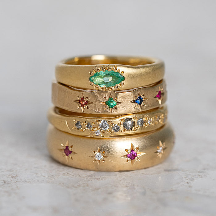 Emerald Marquise Wonky Stackable in 18ct Yellow Gold, Size K and a half (In Stock)