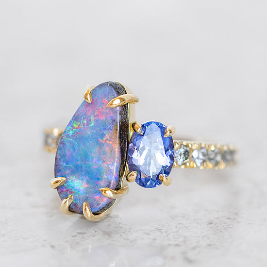 One-off Boulder Opal and Tanzanite Twin Ring in 18ct Yellow Gold, Size P (In Stock)