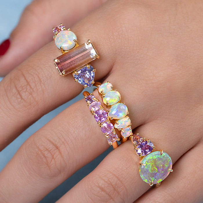 One-off Baby Tooth Crystal Opal Splice Ring in 18ct Yellow Gold, Size P (In Stock)