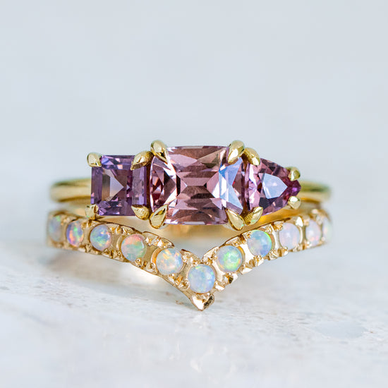 One-off Purple Sapphire Splice Ring in 18ct Yellow Gold, Size O (In Stock)