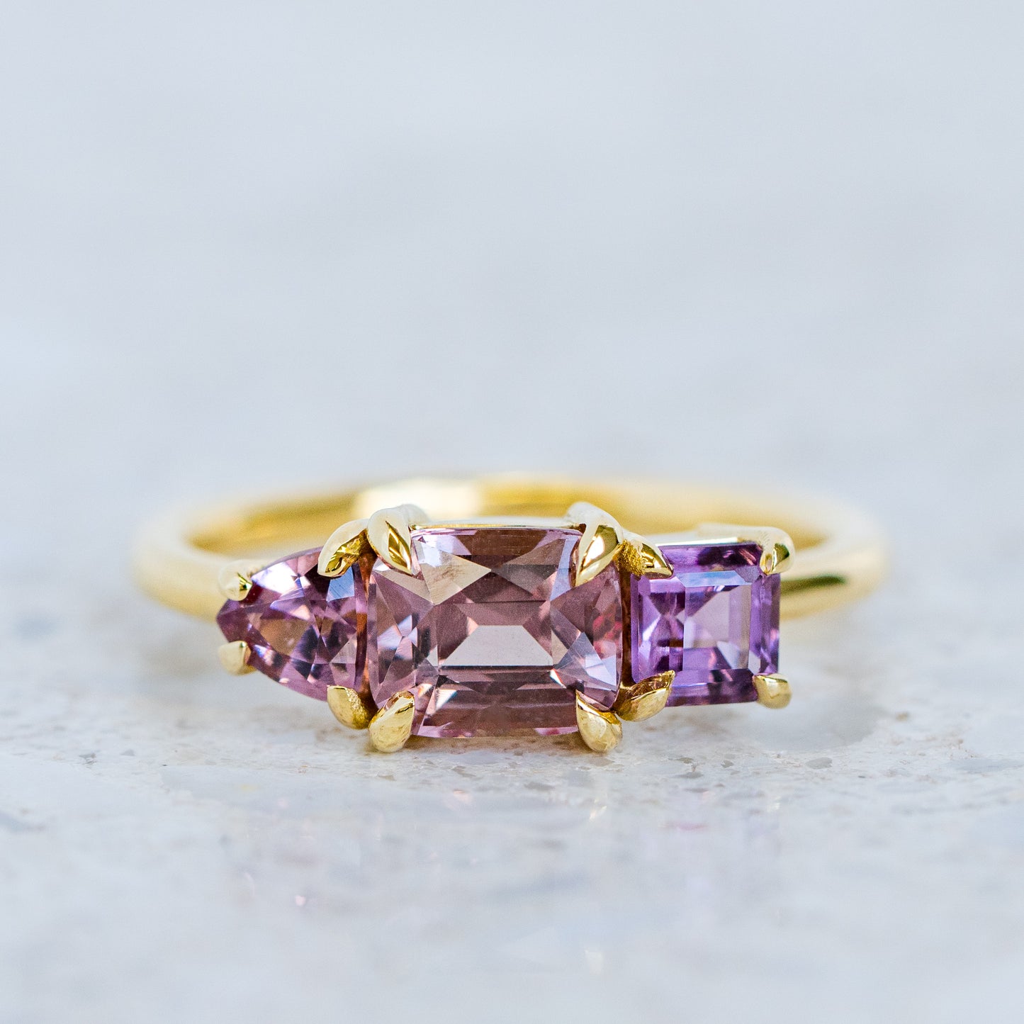 One-off Purple Sapphire Splice Ring in 18ct Yellow Gold, Size O (In Stock)