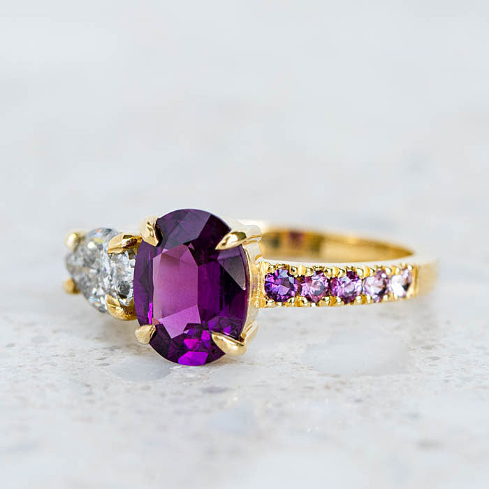 One-off Purple Garnet and Salt and Pepper Diamond Twin Ring in 18ct Yellow Gold, Size P (In Stock)