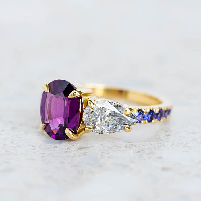 One-off Purple Garnet and Salt and Pepper Diamond Twin Ring in 18ct Yellow Gold, Size P (In Stock)