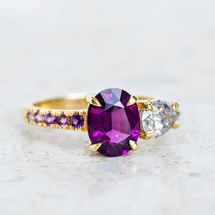 One-off Purple Garnet and Salt and Pepper Diamond Twin Ring in 18ct Yellow Gold, Size P (In Stock)