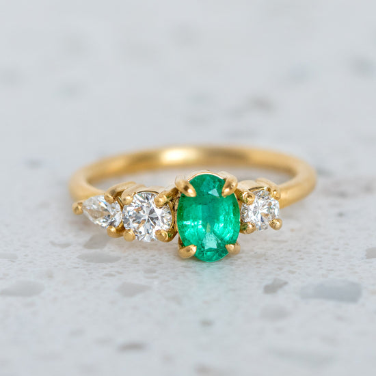 Emerald And Diamond Splice Ring in 18ct Yellow Gold, Size K and a half (In Stock)