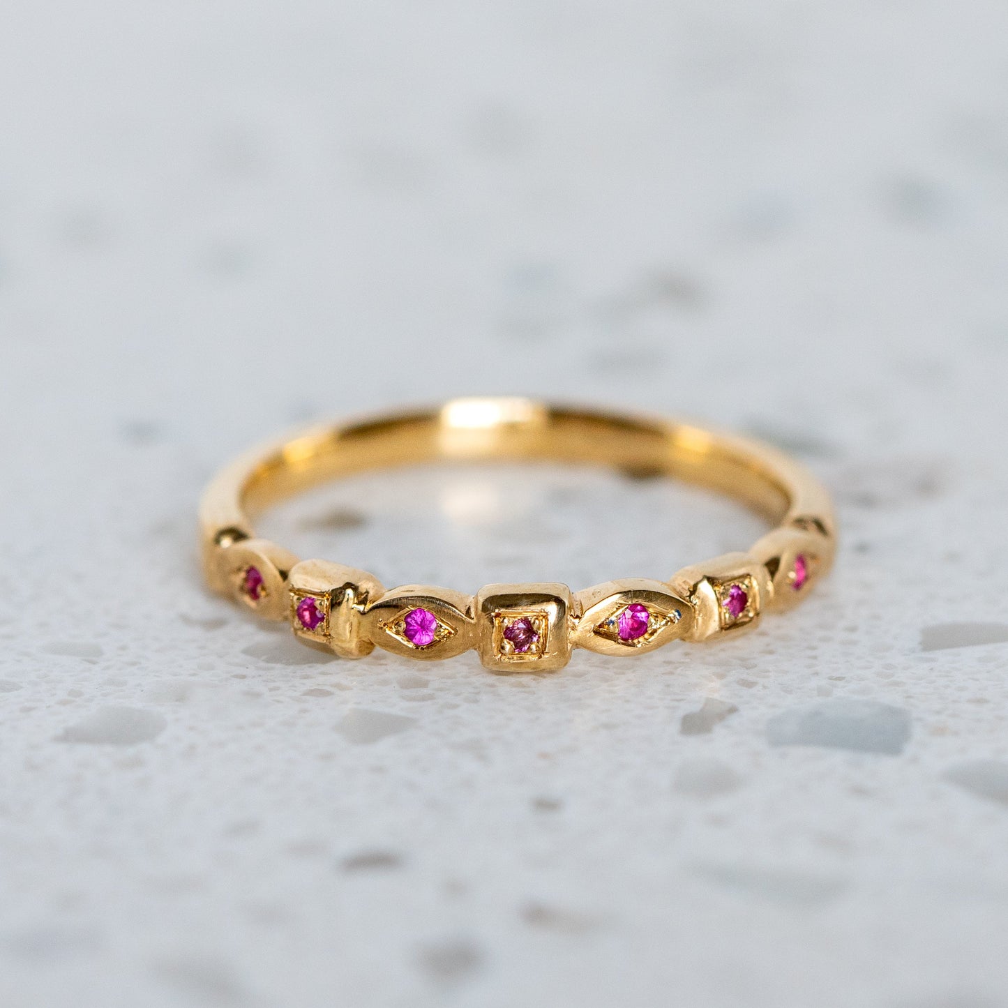 Pink Sapphire Studded Victorian Band in 9ct Yellow Gold, Size M (In Stock)