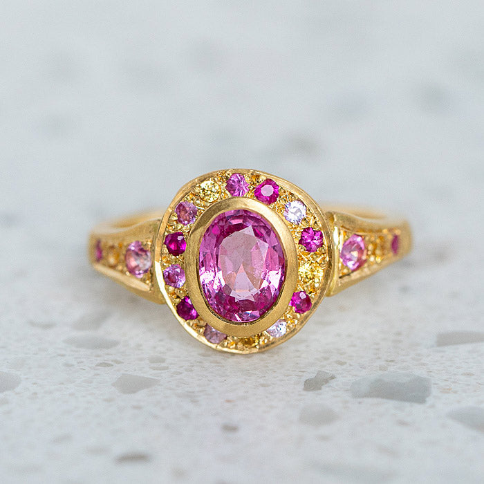 Shades of Pink Sapphire Roman Ring, In 18ct Yellow Gold, Size P (In Stock)