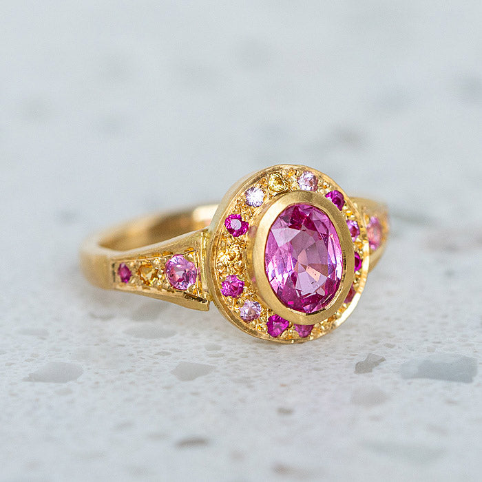 Shades of Pink Sapphire Roman Ring, In 18ct Yellow Gold, Size P (In Stock)