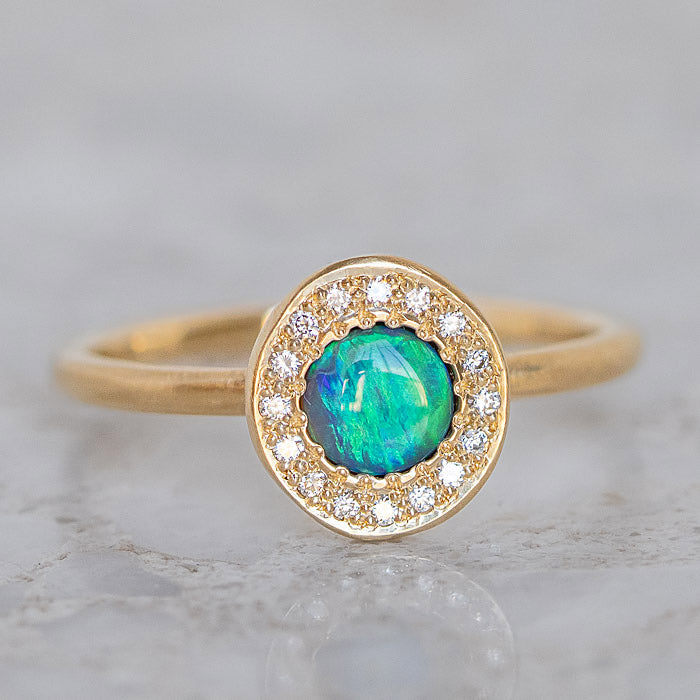 Small Black Opal and Diamond Pebble Ring