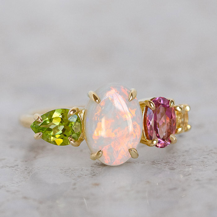 One-off Crystal Opal, Peridot, Tourmaline and Sapphire Splice Ring in 18ct Yellow Gold, Size Q (In Stock)