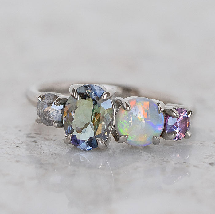 One-off Tanzanite and Opal Splice Ring in 18ct White Gold, Size P (In Stock)