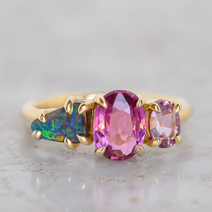 One-off Boulder Opal, Garnet and Sapphire Splice Ring in 18ct Yellow Gold, Size M (In Stock)