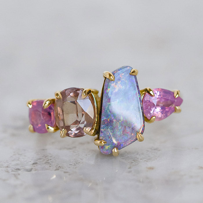 One-off Boulder Opal with shades of Pink and Peach Splice Ring in 18ct Yellow Gold, Size P (In Stock)