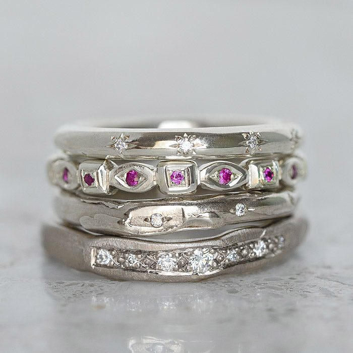 Pink Sapphire Studded Victorian Band in 9ct White Gold, Size P (In Stock)