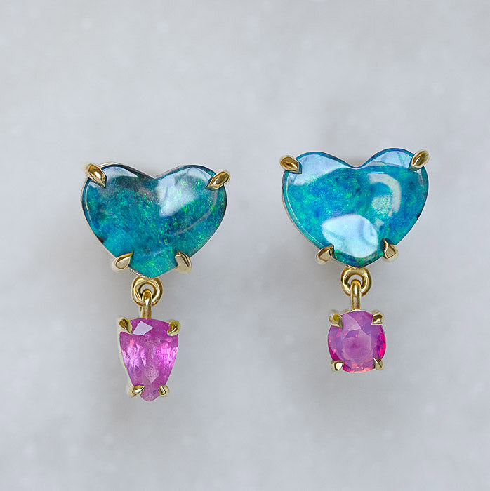 One-off Boulder Opal Heart Earrings In 18ct Yellow Gold (In Stock)