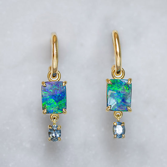One-off Boulder Opal and Sapphire Charm Earrings In 18ct Yellow Gold (In Stock)