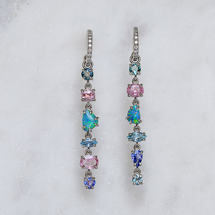 One-off Boulder Opal, Tanzanite and Sapphire Charm Earrings In 18ct White Gold (In Stock)