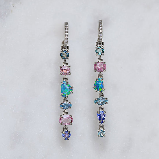 One-off Boulder Opal, Tanzanite and Sapphire Charm Earrings In 18ct White Gold (In Stock)