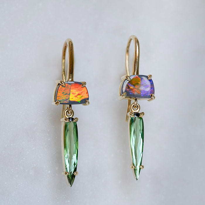 One-off Boulder Opal and Tourmaline Earrings In 18ct Yellow Gold (In Stock)