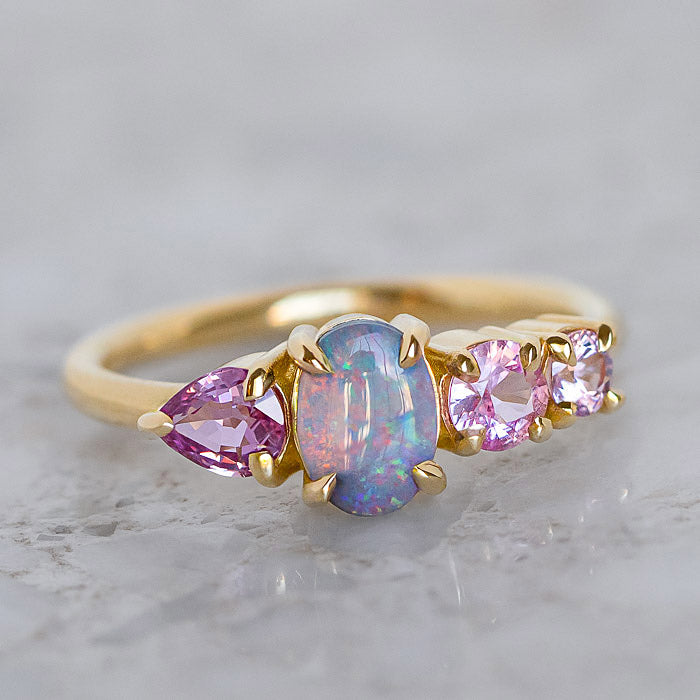 Opal And Pinks Sapphire Splice Ring in 18ct Yellow Gold, Size O (In Stock)