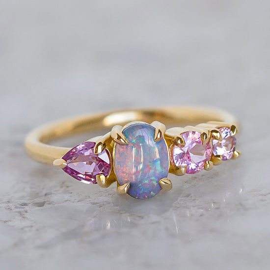 Opal And Pinks Sapphire Splice Ring in 18ct Yellow Gold, Size O (In Stock)