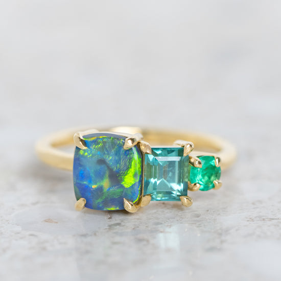 One-off Black Opal, Tourmaline and Emerald Splice Ring in 18ct Yellow Gold, Size O (In Stock)