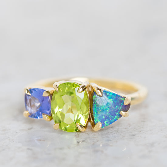 One-off Boulder Opal, Peridot, Tanzanite Splice Ring in 18ct Yellow Gold, Size N (In Stock)