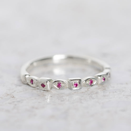 Pink Sapphire Studded Victorian Band in 9ct White Gold, Size P (In Stock)