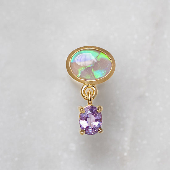 One-off Semi Black Opal and Lilac Sapphire Earrings In 18ct Yellow Gold (In Stock)