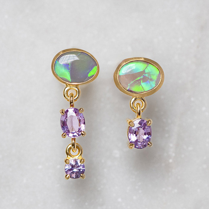 One-off Semi Black Opal and Lilac Sapphire Earrings In 18ct Yellow Gold (In Stock)