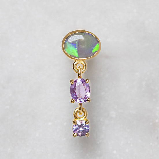 One-off Semi Black Opal and Lilac Sapphire Earrings In 18ct Yellow Gold (In Stock)