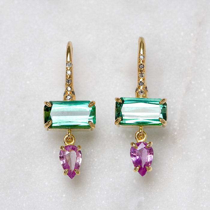 One-off Watermelon Tourmaline Drop Earrings In 18ct Yellow Gold (In Stock)