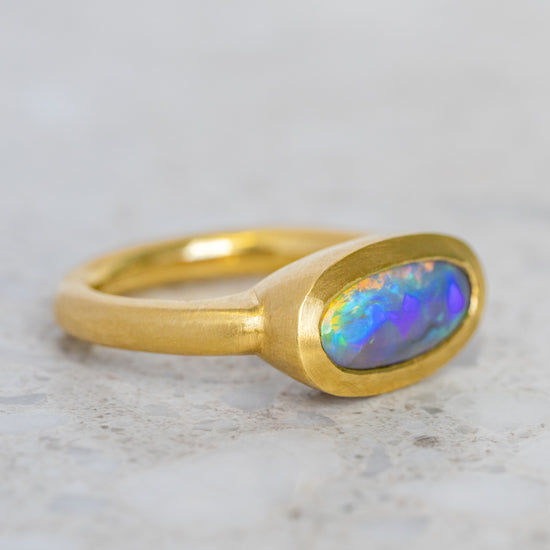 One-off Black Opal Ring in 18ct Yellow Gold, Size P and a half (In Stock)